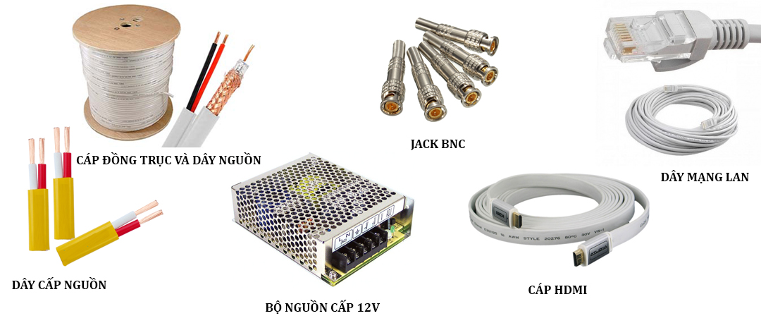 Khi lắp đặt camera giám sát thì những phụ kiện là thứ không thể thiếu cho mỗi phương án của các công ty lắp đặt. Những phụ kiện này bao gồm đường dây dẫn thông thường với hệ thống ngắn sẽ dùng dây cáp đồng trục, điện thoại và với hệ thống lớn dây cáp quang được ưu ái hơn cả. Bên cạnh đó còn là dây bao gồm dây điện và dây tín hiệu. Ngoài ra, những ống sun hay nẹp nhựa cũng là phụ kiện giúp tăng độ bền cho thiết bị camera giám sát.